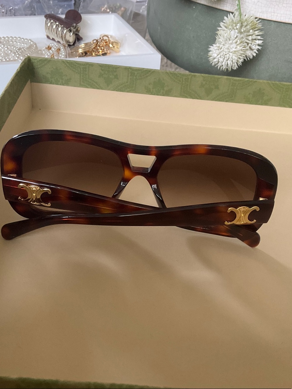 Celine Tortoiseshell Square Sunglasses with Gold Logo - Picture 9 of 9